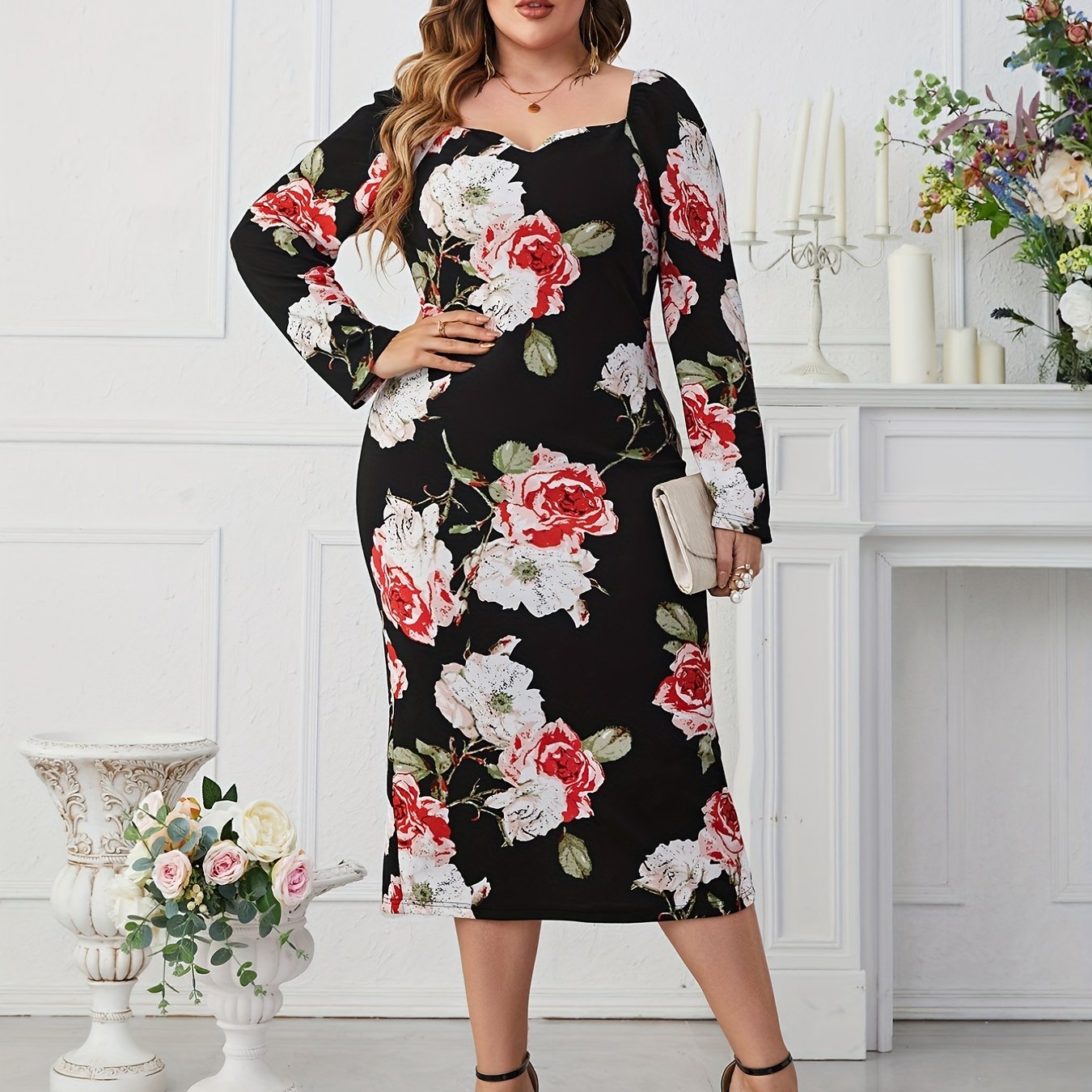 Floral Print Puff Sleeve Midi Dress