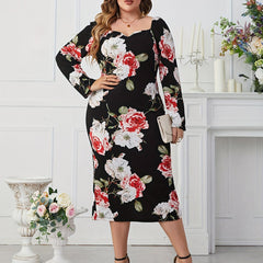 Floral Print Puff Sleeve Midi Dress