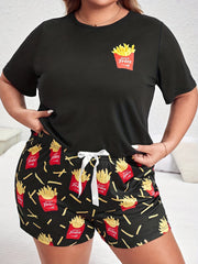 French Fries Print Tee & Bow Front Shorts Pajamas Set