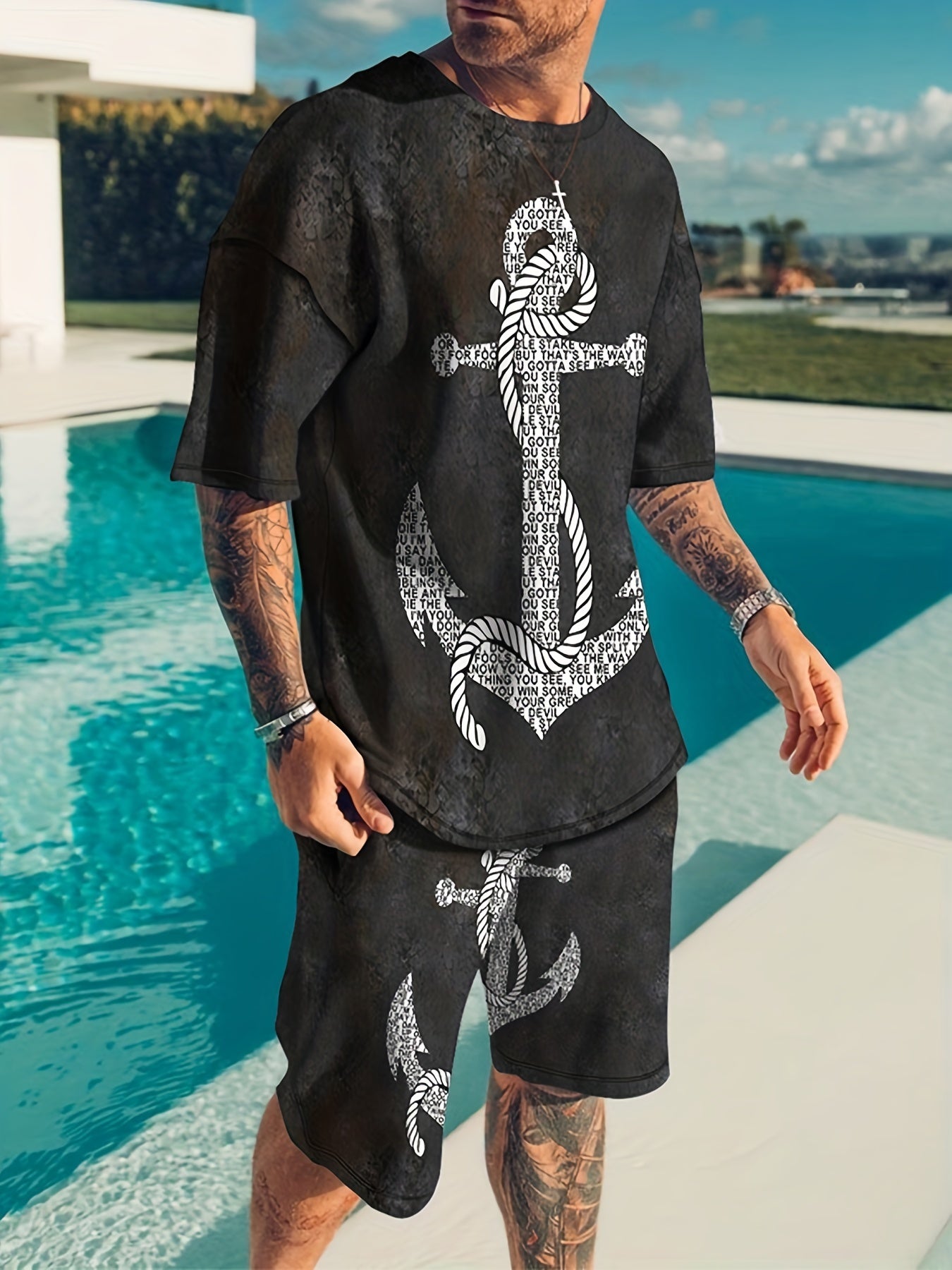 Retro Anchor Print Men's 2Pcs Outfits Crew Neck T shirt And Drawstring Shorts