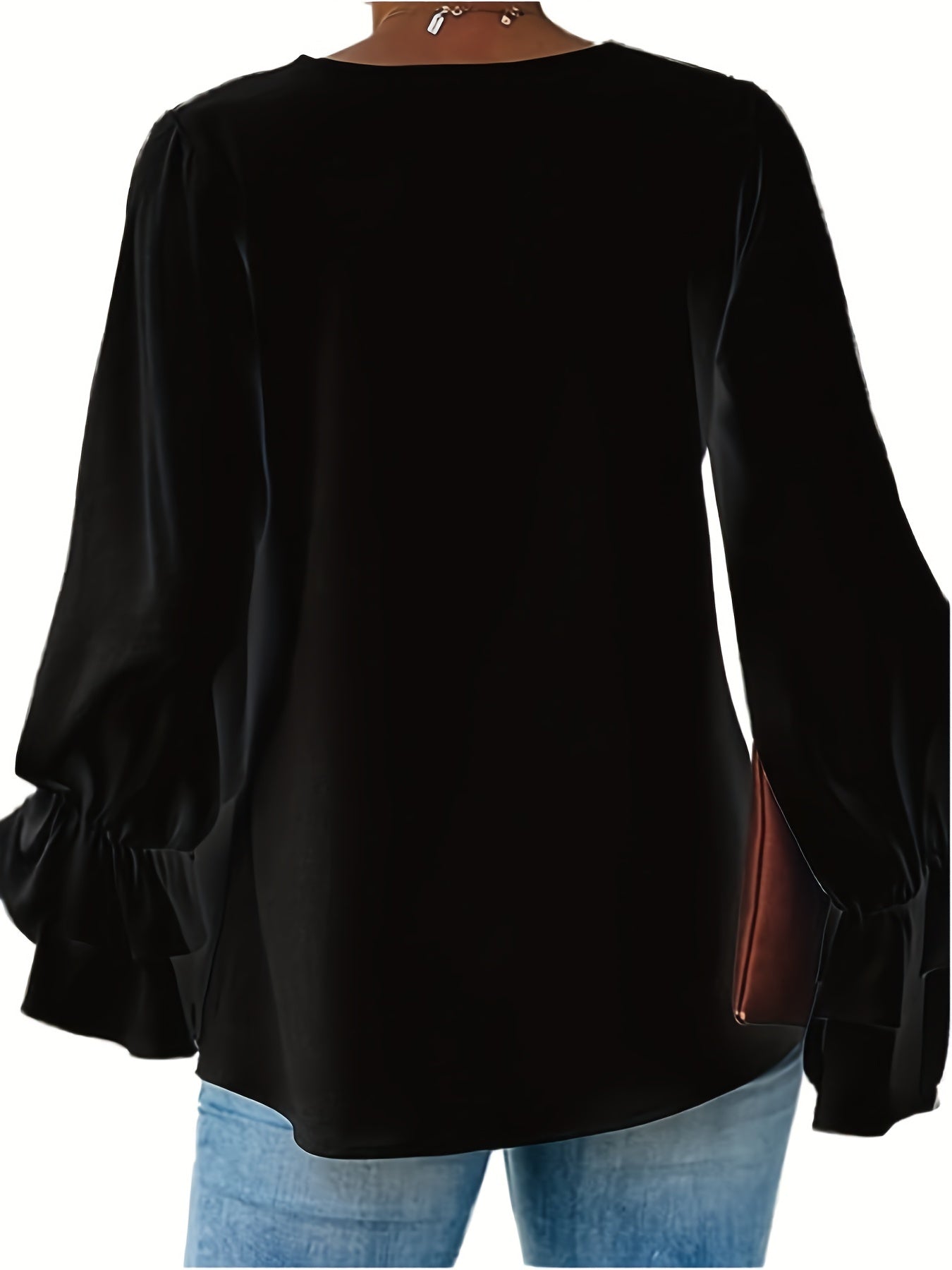 Plus Solid Lantern Sleeve Ruffle Trim V Neck Top