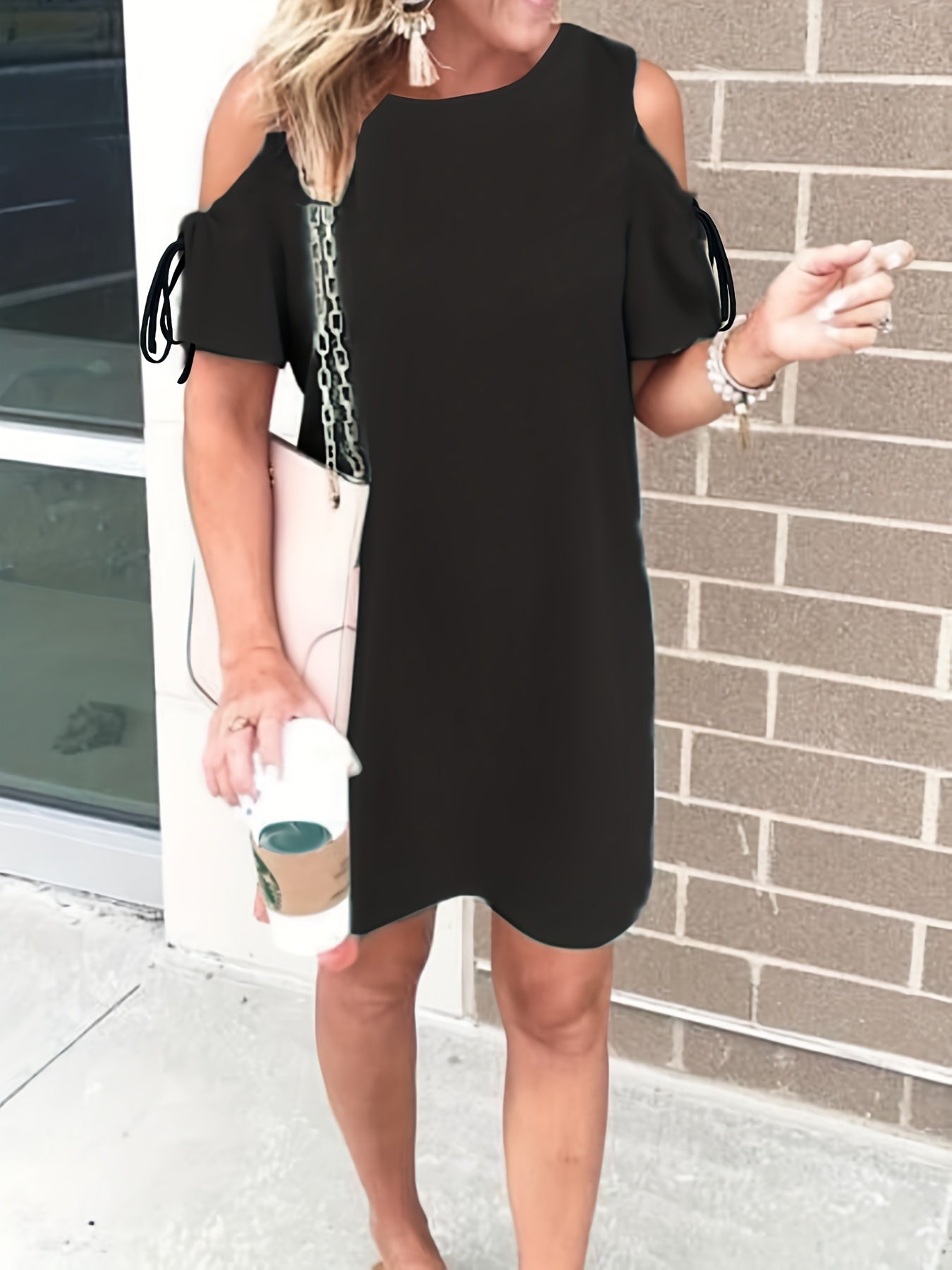 Solid Cold Shoulder Round Neck Knot Mini Dress