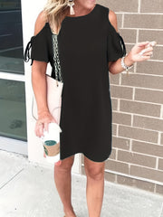 Solid Cold Shoulder Round Neck Knot Mini Dress