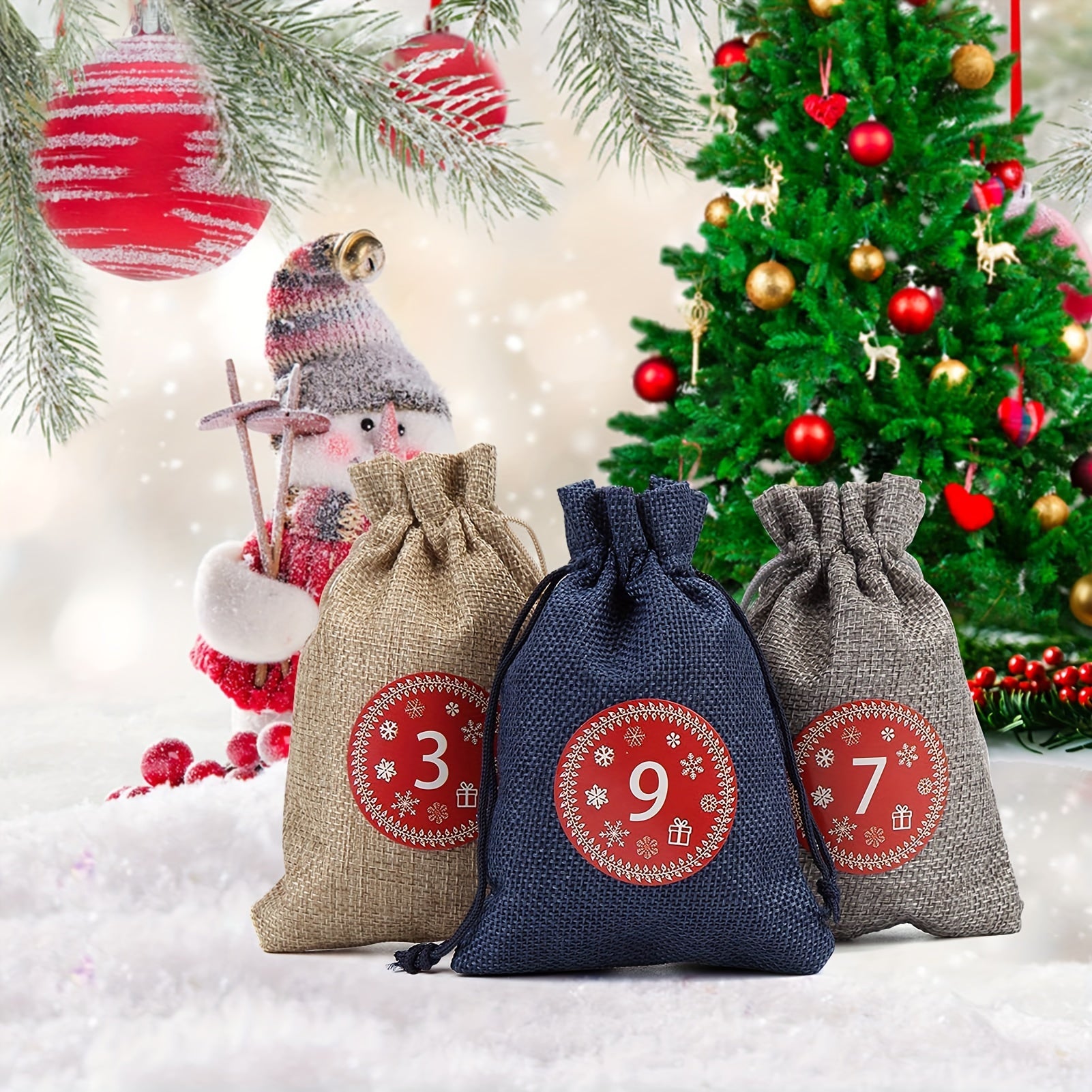 24 Burlap Advent Calendar Bags, 3 Colors, DIY Craft