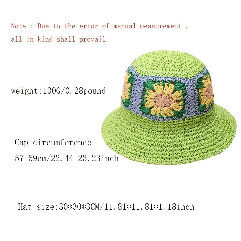 Green Flower Crochet Bucket Hat Breathable Straw Beach Travel Sun Hat