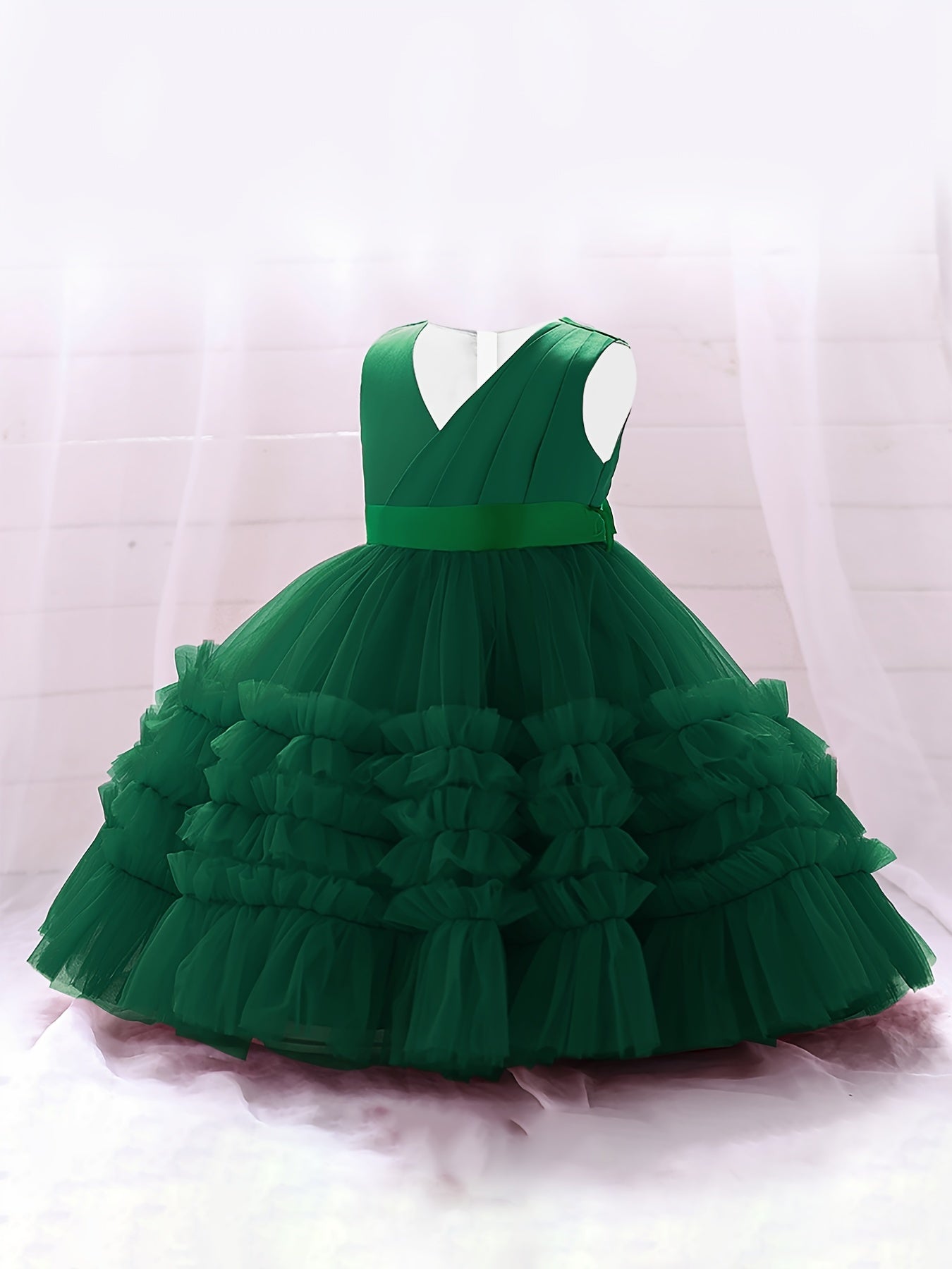 Girls Sleeveless V Neck Mesh Princess Dress with Bowknot Belt