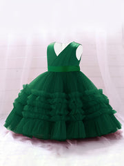 Girls Sleeveless V Neck Mesh Princess Dress with Bowknot Belt