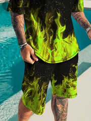 Men's Flame Graphic T-shirt & Shorts Set for Outdoor