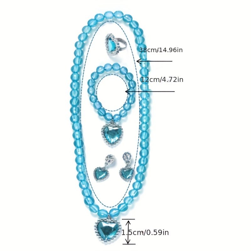 Girls Princess Crystal Jewel Set - Necklace, Ear Clip, Ring, Bracelet