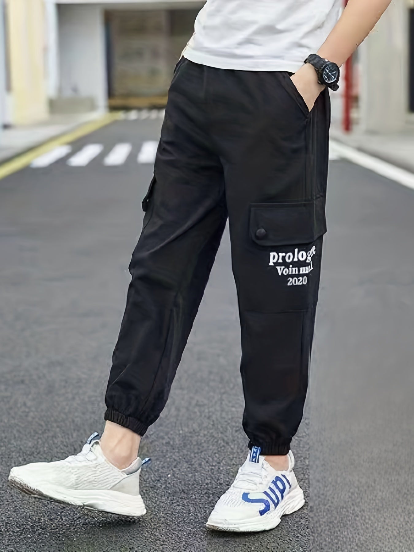 Boys Letter Print Cargo Pants Elastic Waist Quick Dry Jogger Pants