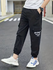 Boys Letter Print Cargo Pants Elastic Waist Quick Dry Jogger Pants