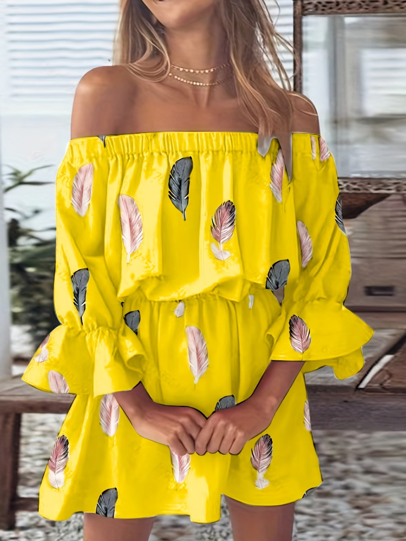 Feather Print Off Shoulder Ruffle Trim Lantern Sleeve Mini Dress