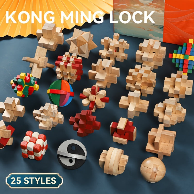 25pcs Luban Lock Colorful Puzzle Toy Beech Kongming Lock Full Set Puzzle Assembl