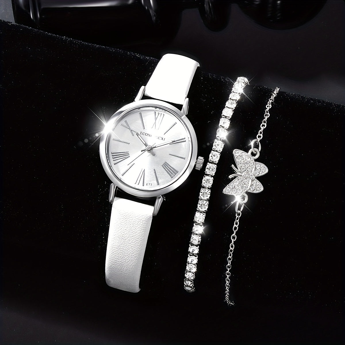 Women's Leather Quartz Watch & Rhinestone Bracelet Set