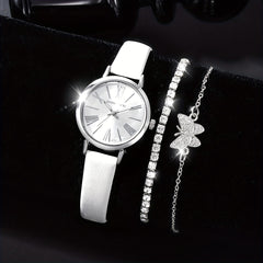 Women's Leather Quartz Watch & Rhinestone Bracelet Set