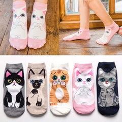 5 Pairs Girls Teen Cotton Blend Cat Ankle Socks, Spring Summer