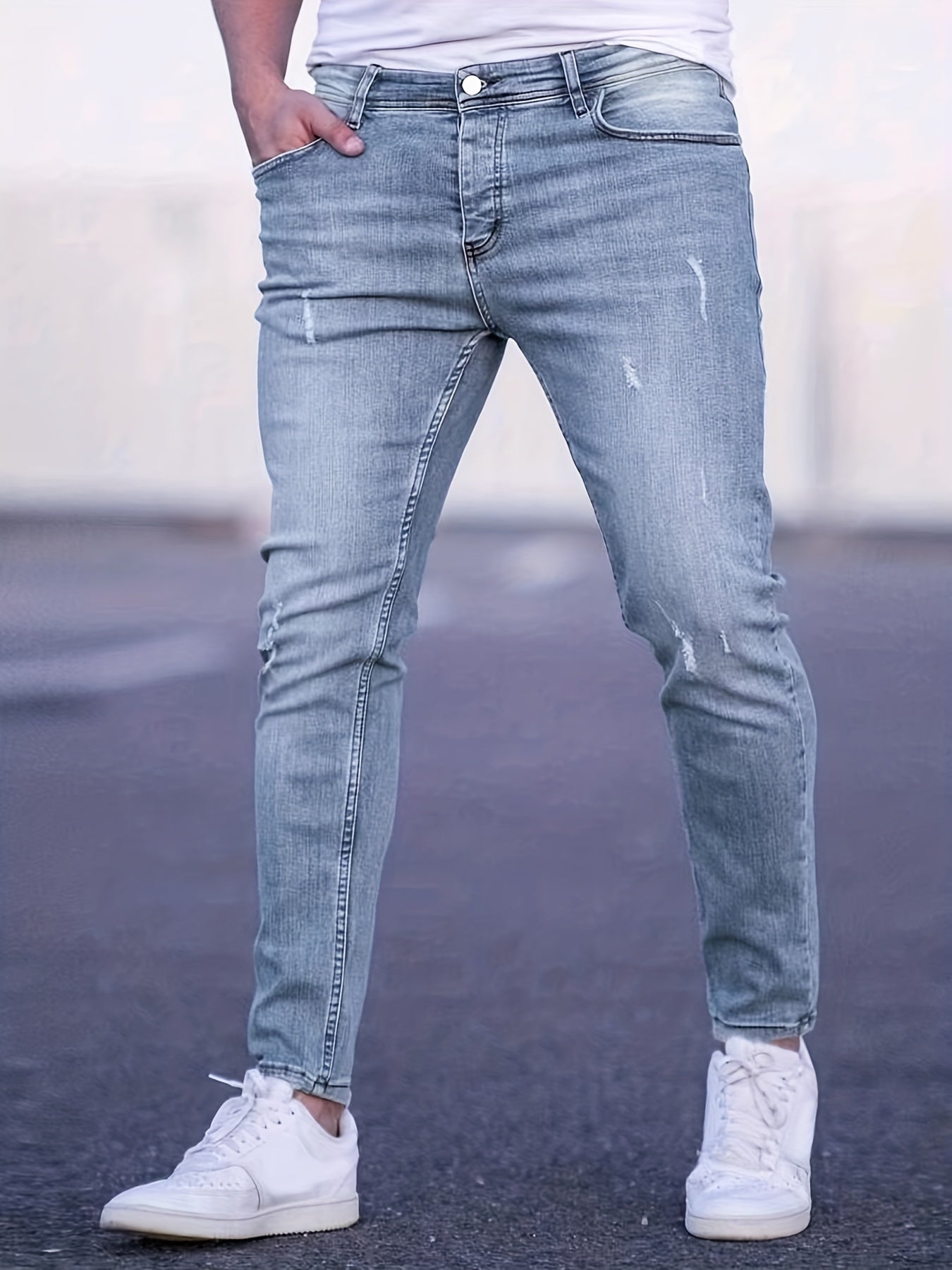 Men's Slim Fit Ripped Jeans Casual Street Style Distressed Denim Pants