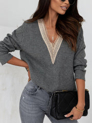 Hollow Guipure Lace Knit Sweater V Neck Long Sleeve Casual