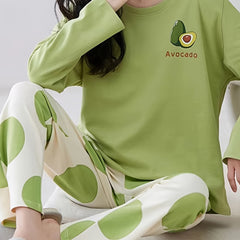 Avocado Print Pajama Set Long Sleeve Top & Pants Women's Sleepwear