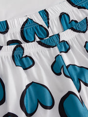 Heart Print Pajamas Set Short Sleeve Top & Shorts & Pants