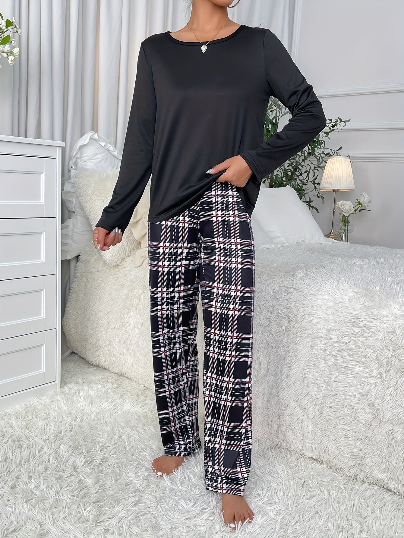 Plaid Print Pajama Set Long Sleeve Crew Neck Top & Elastic Waistband Pants