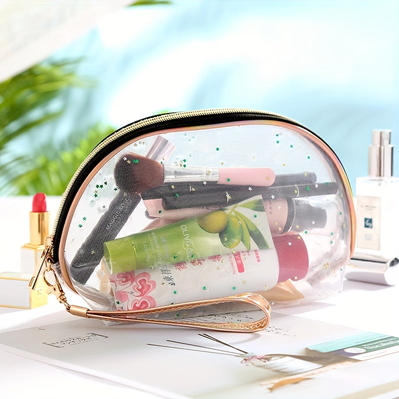 Semicircle Stars Sequin Makeup Bag With Wristlet Dumpling Toiletry Mesh Pouch