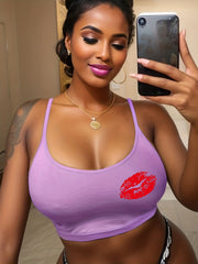 Lips Print Cami Sleep Top Sexy Round Neck Sleeveless Women's Pajamas
