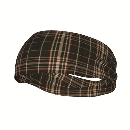 Vintage Plaid Headband Brown Checkered Pattern Elastic Secure Fit