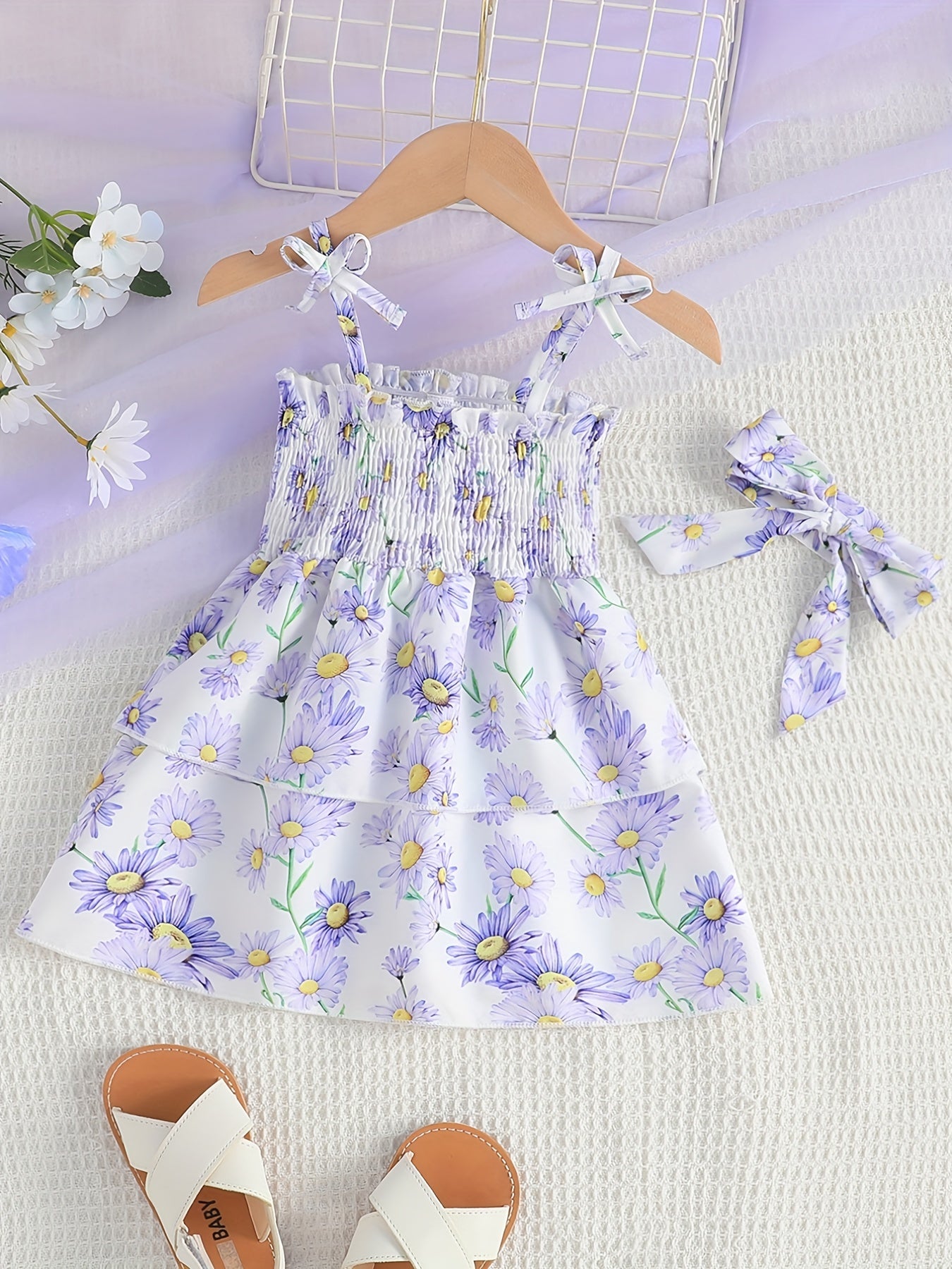 2pcs Baby Girls Floral Sleeveless Cami Dress & Headband Set