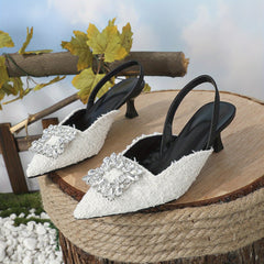 Tweed Kitten Heels Pointed Toe Slingback Dress Sandals