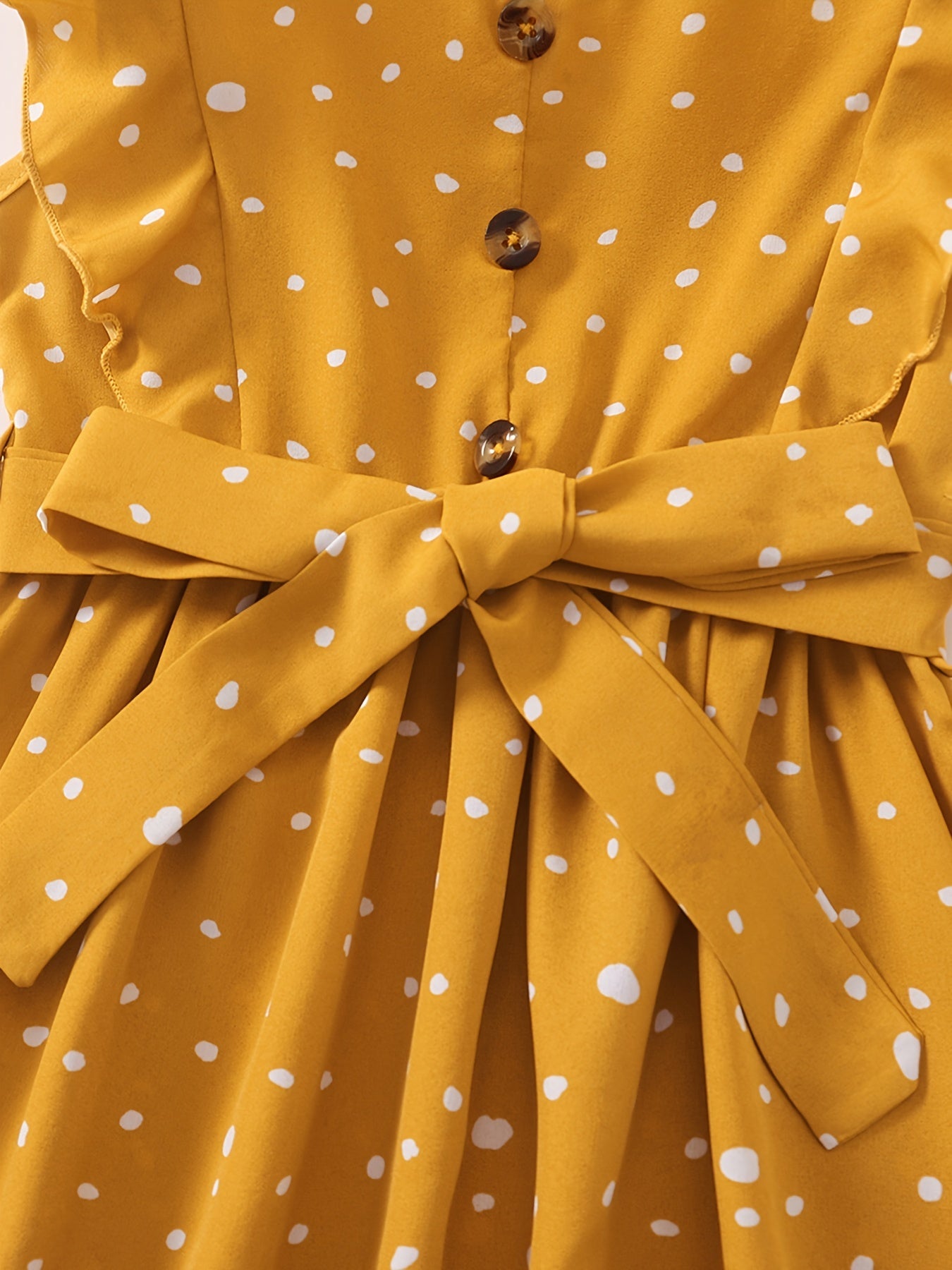 Girls Sleeveless Ruffles Button Polka Dot Belted Dress For Party