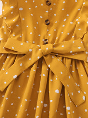 Girls Sleeveless Ruffles Button Polka Dot Belted Dress For Party