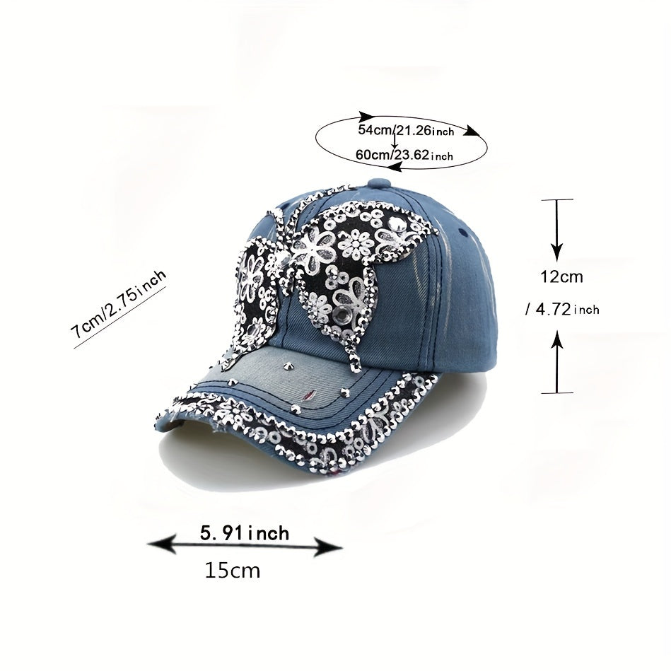 Rhinestone Butterfly Patch Baseball Cap Y2K Washed Distressed Sun Hat