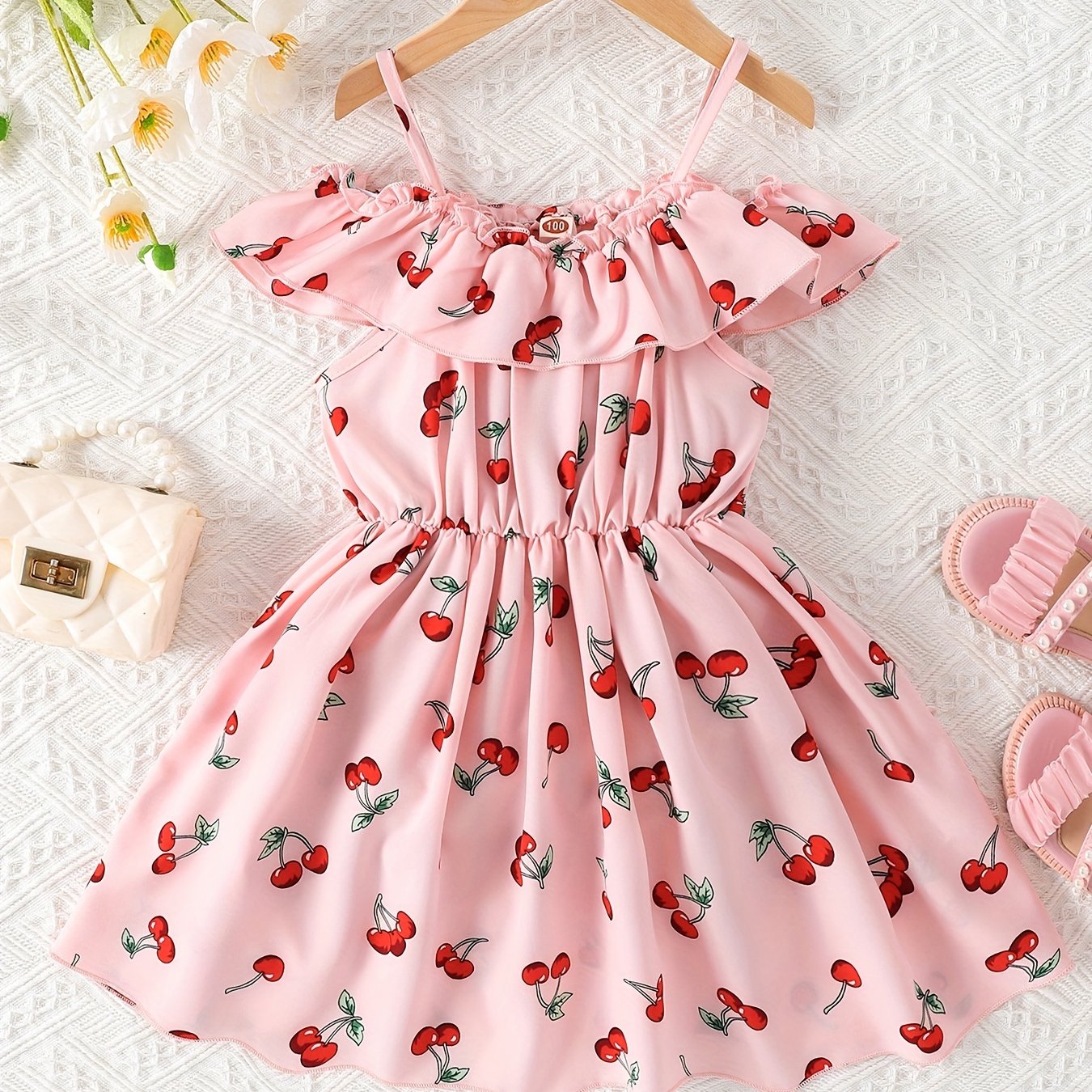 Girls Cherry Print Ruffle Shoulder Sleeveless Dress for Summer