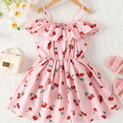 Girls Cherry Print Ruffle Shoulder Sleeveless Dress for Summer