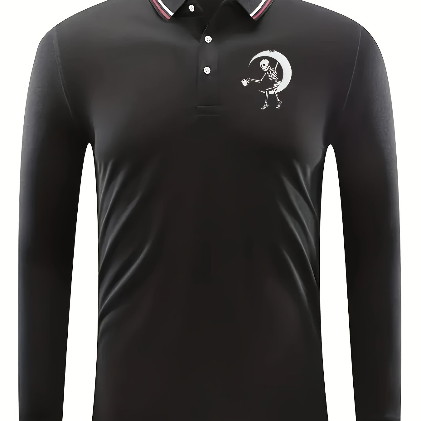 Skeleton On The Moon Pattern Men's Long Sleeve Polo Shirt