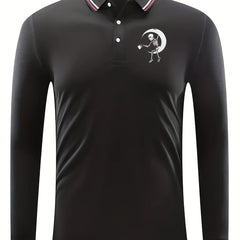 Skeleton On The Moon Pattern Men's Long Sleeve Polo Shirt