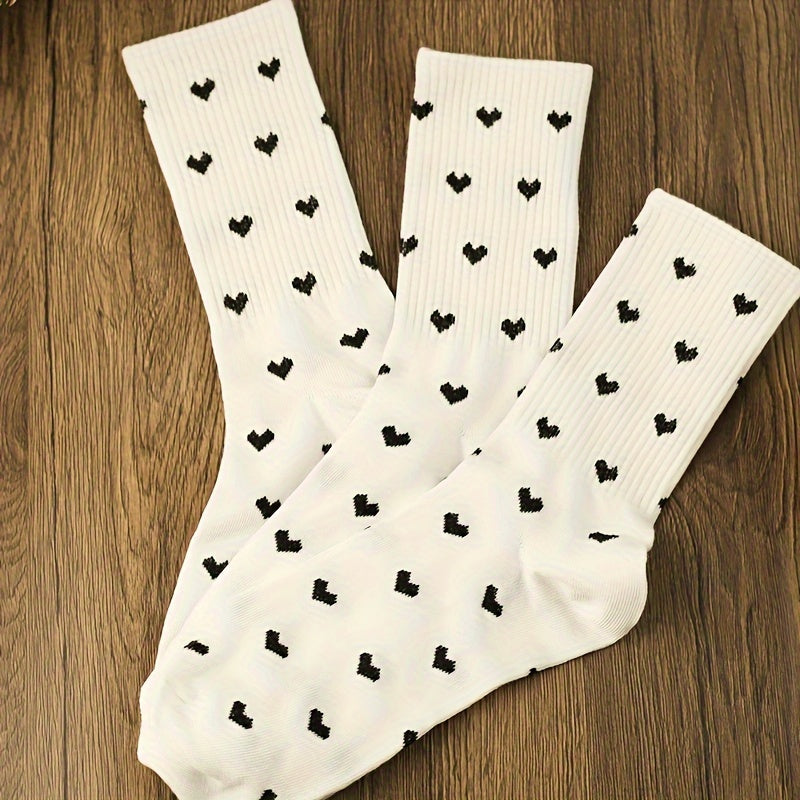 3 Pairs Heart Print Socks Comfy & Mid Tube Socks Women's Stockings