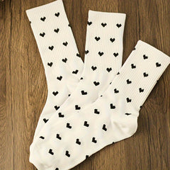 3 Pairs Heart Print Socks Comfy & Mid Tube Socks Women's Stockings