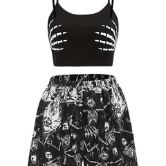 Gothic Skull Print Cami Top & Shorts Set