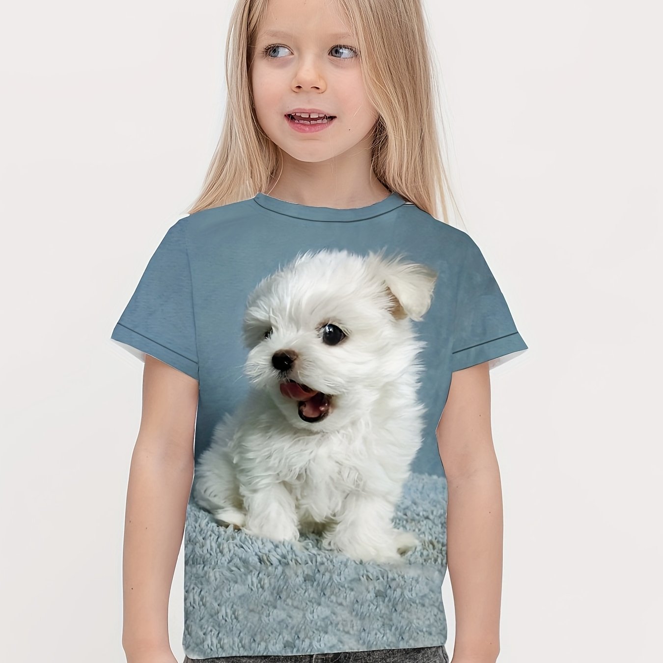Girls 3D Puppy Graphic Crew Neck T shirt Short Sleeve Summer Clothes