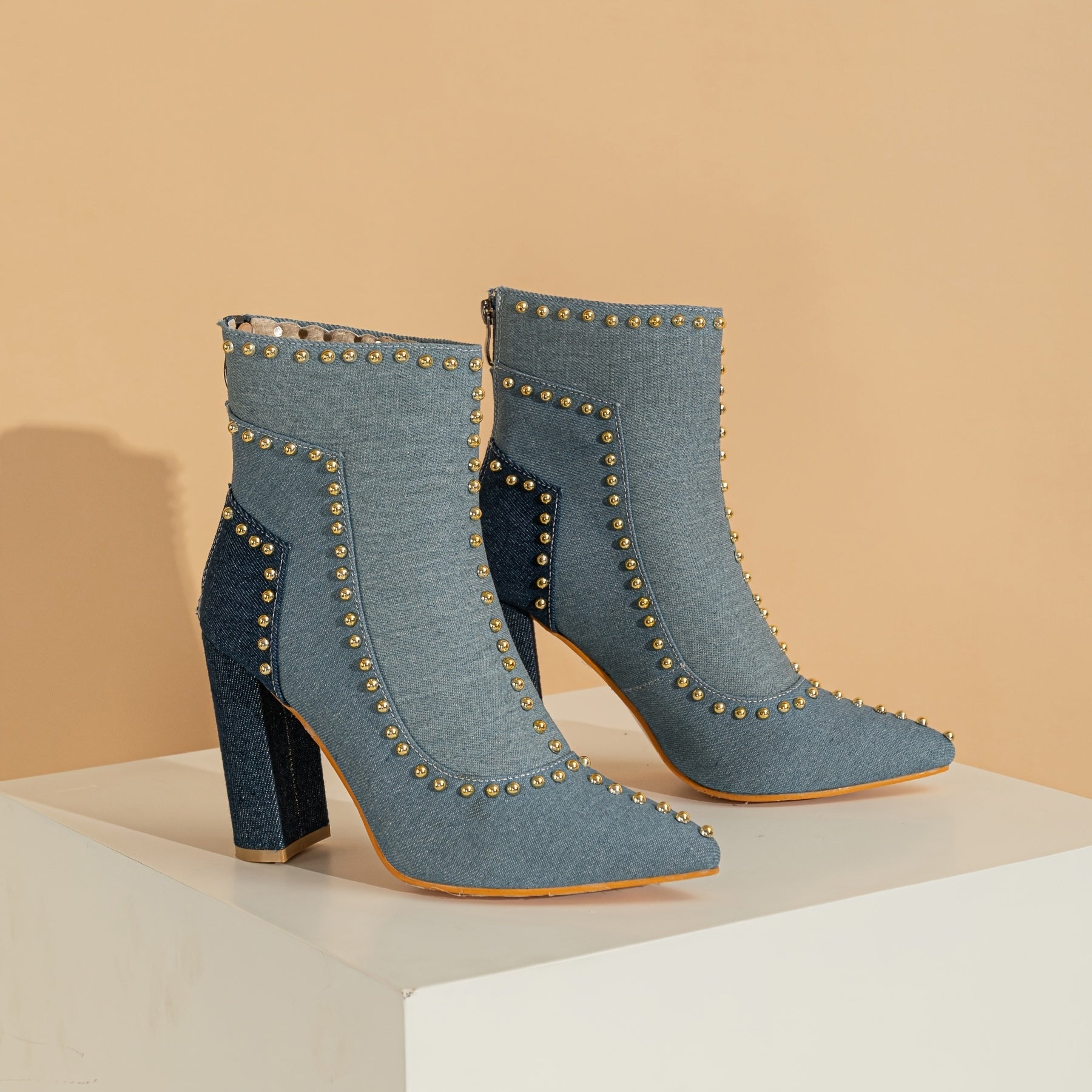 Chunky High Heel Short Boots Metal Bead Ankle Boots Knit Zipper Shoes
