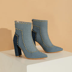 Chunky High Heel Short Boots Metal Bead Ankle Boots Knit Zipper Shoes