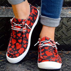 Red Heart Print Women's Casual Flat Canvas Shoes