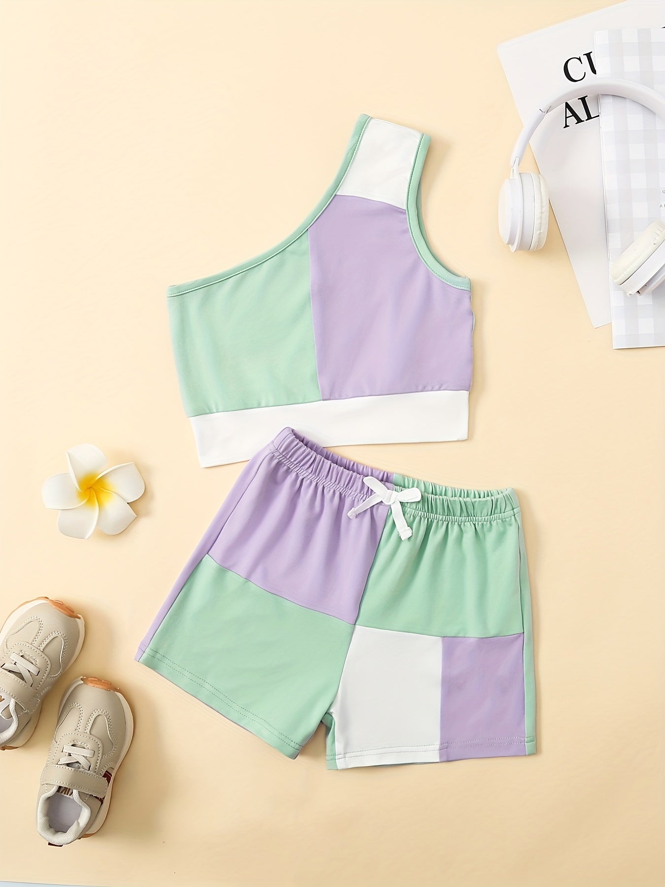 Girls Patchwork One Shoulder Top & Shorts Set For Kids Summer