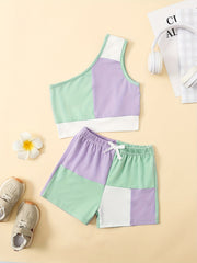 Girls Patchwork One Shoulder Top & Shorts Set For Kids Summer