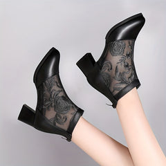 Chunky Heeled Floral Embroidery Ankle Boots