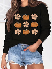 Halloween Pumpkin Print Sweatshirt Long Sleeve Crew Neck Women's Clothing