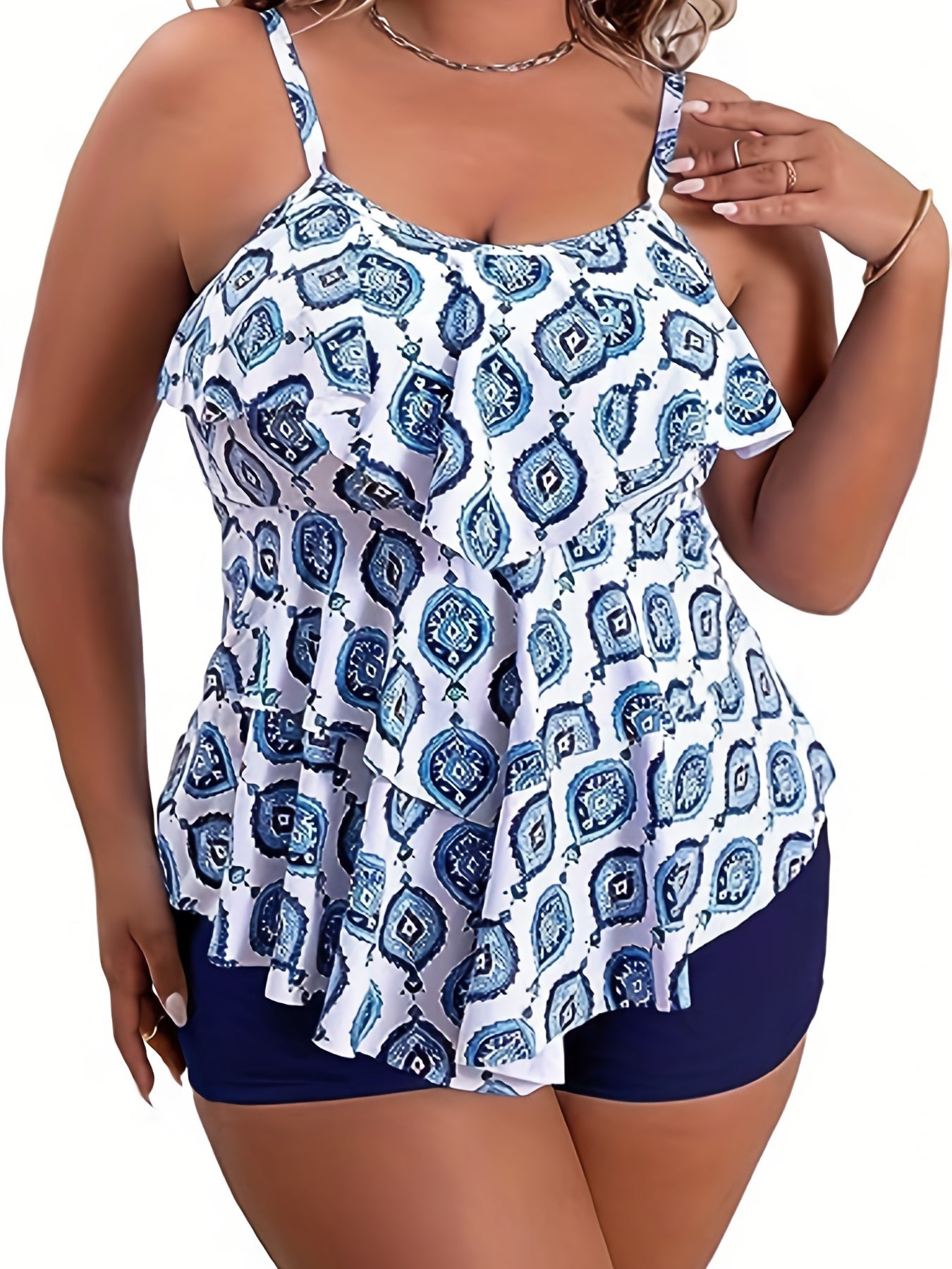 Boho Tankini Set Plus Size Women Paisley Print Ruffle Cami Top & Sho