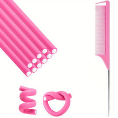 Hair Styling Tool Kit: 10 Foam Curling Rods + Rat Tail Comb